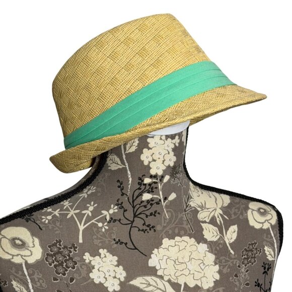 C.C Exclusives Woven Straw Fedora Hat Green Band S/M Lightweight Summer EUC